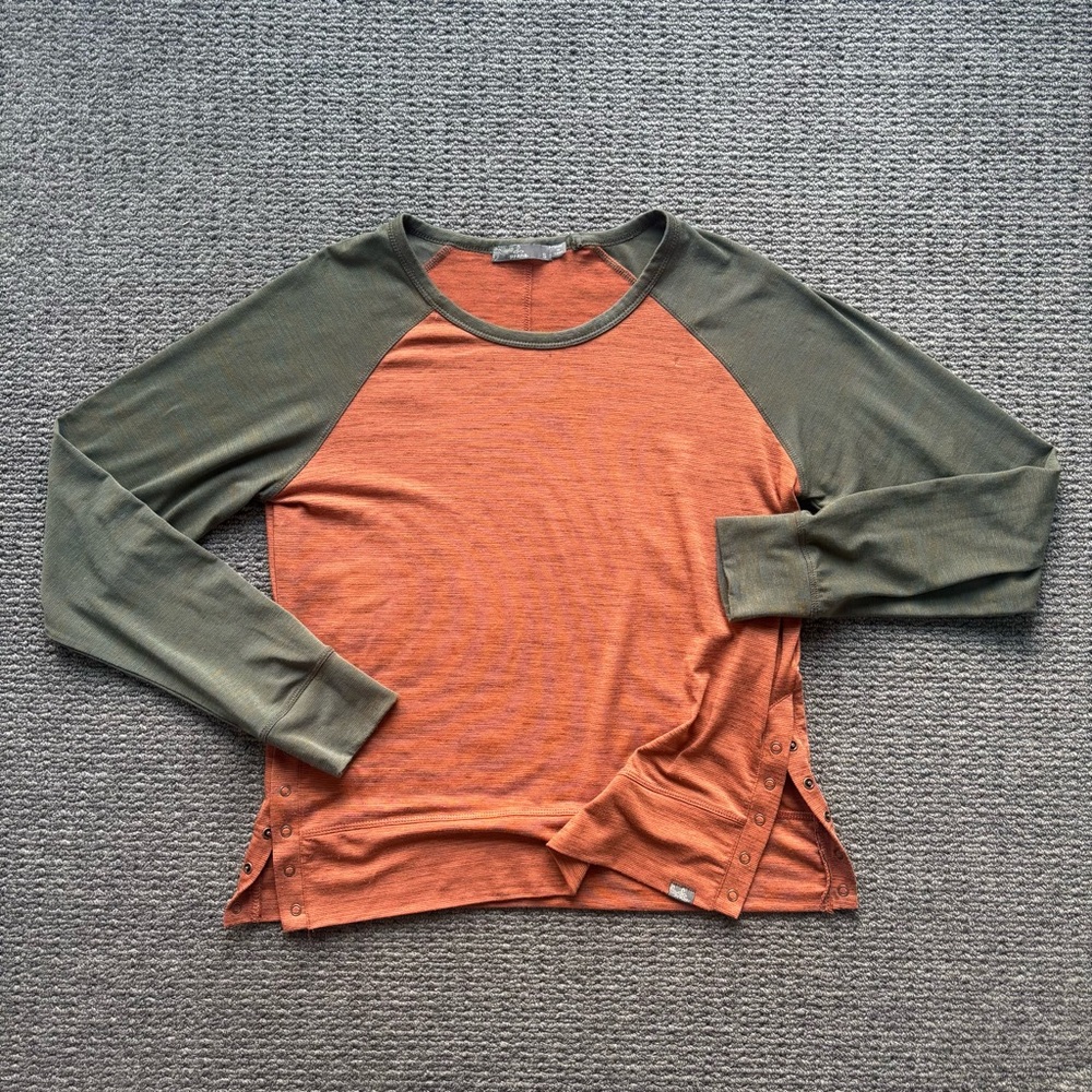 Prana Sol Protect Top Small Long Sleeve Orange Green Raglan